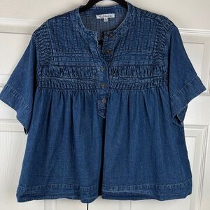 Anthropologie Solitaire Blue Denim Top With Smocked details Size large